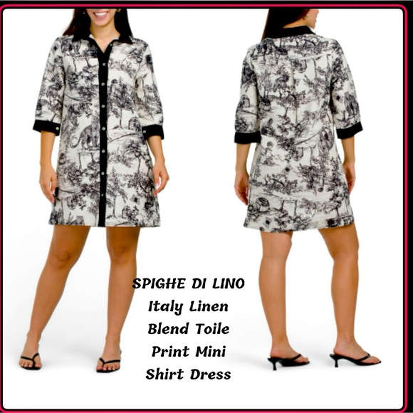 SPIGHE DI LINO Dresses & Skirts - 🖤SPIGHE DI LINO Italy Linen Blend Elbow Sleeve Toile
Print Mini Shirt Dress🖤